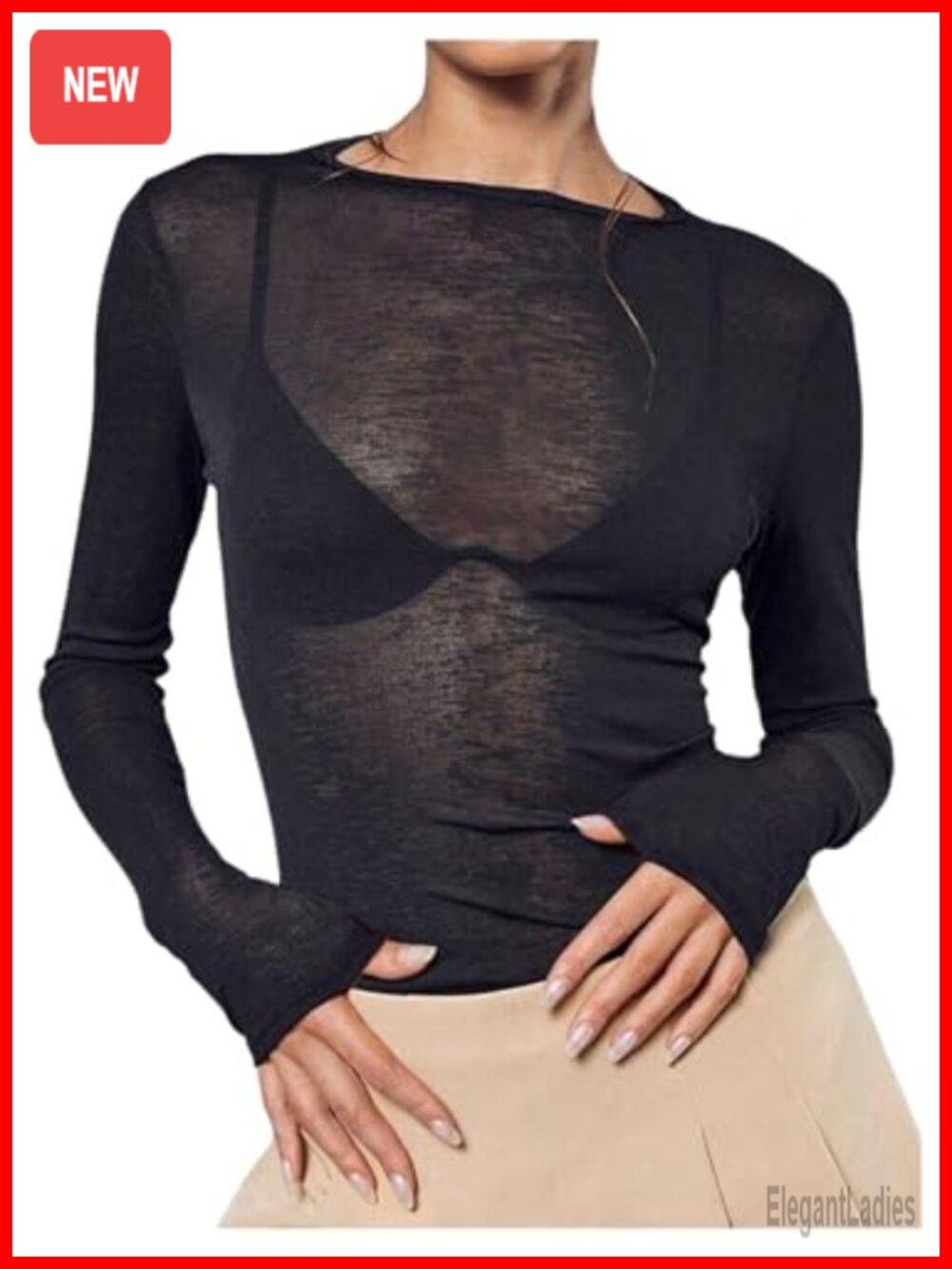 Sheer Mesh Long Sleeve Boat Neck T-Shirt Slim Fit Going Out Top